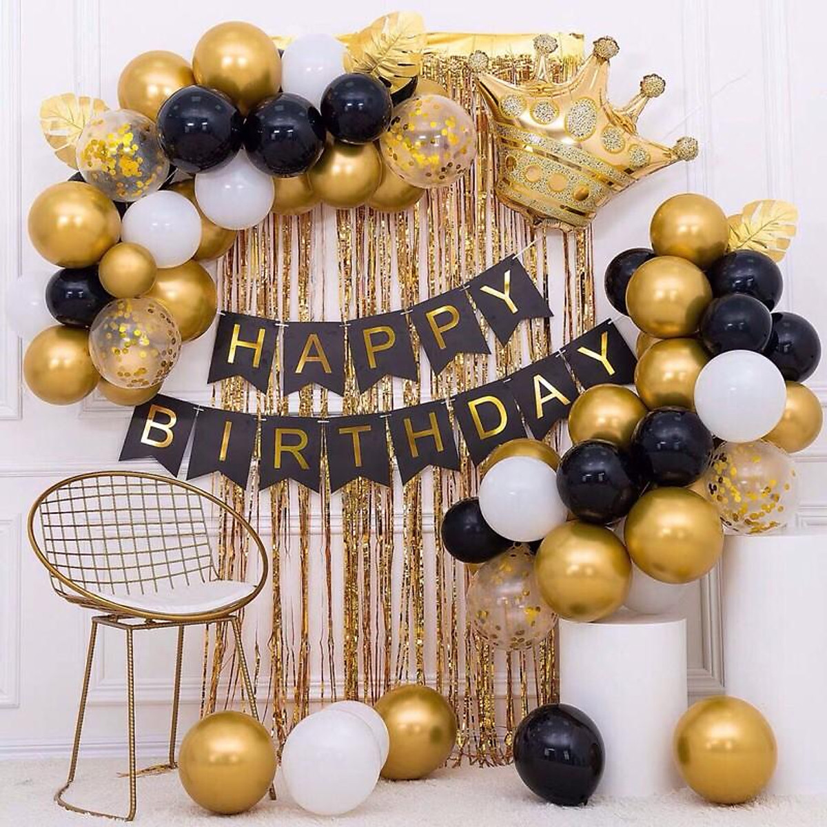PD63 Set bong bóng sinh nhật rỗng tone vàng trắng dây Happy Birthday PartyStorevn