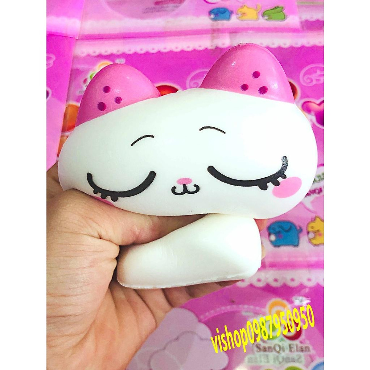 Squishy Lớn JUMBO Hình mèo buồn nhắm mắt trắng nơ hồng Đồ Chơi Xốp ...