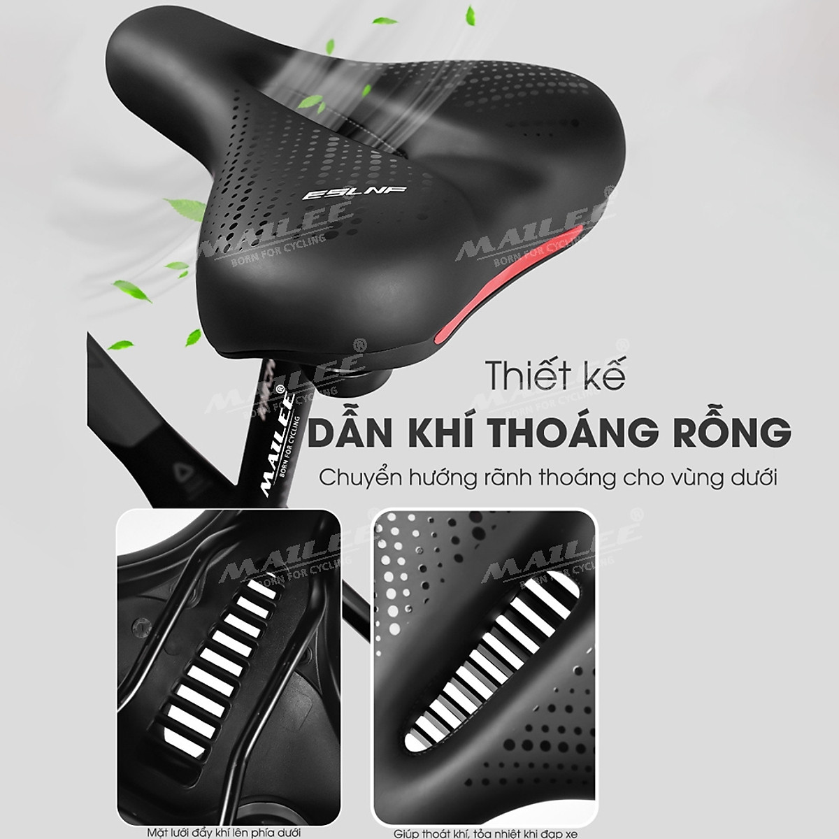 Yên BÉO Xe Đạp ESL-01 Mút Chống Sốc Dày Thoải Mái với bọc da PU, Giảm Chấn Bóng lò xo, khung cong kim loại chắc chắn cho xe đạp MTB, xe thể thao, có khe trượt lắp đèn, 2 cách lắp đặt - Mai Lee
