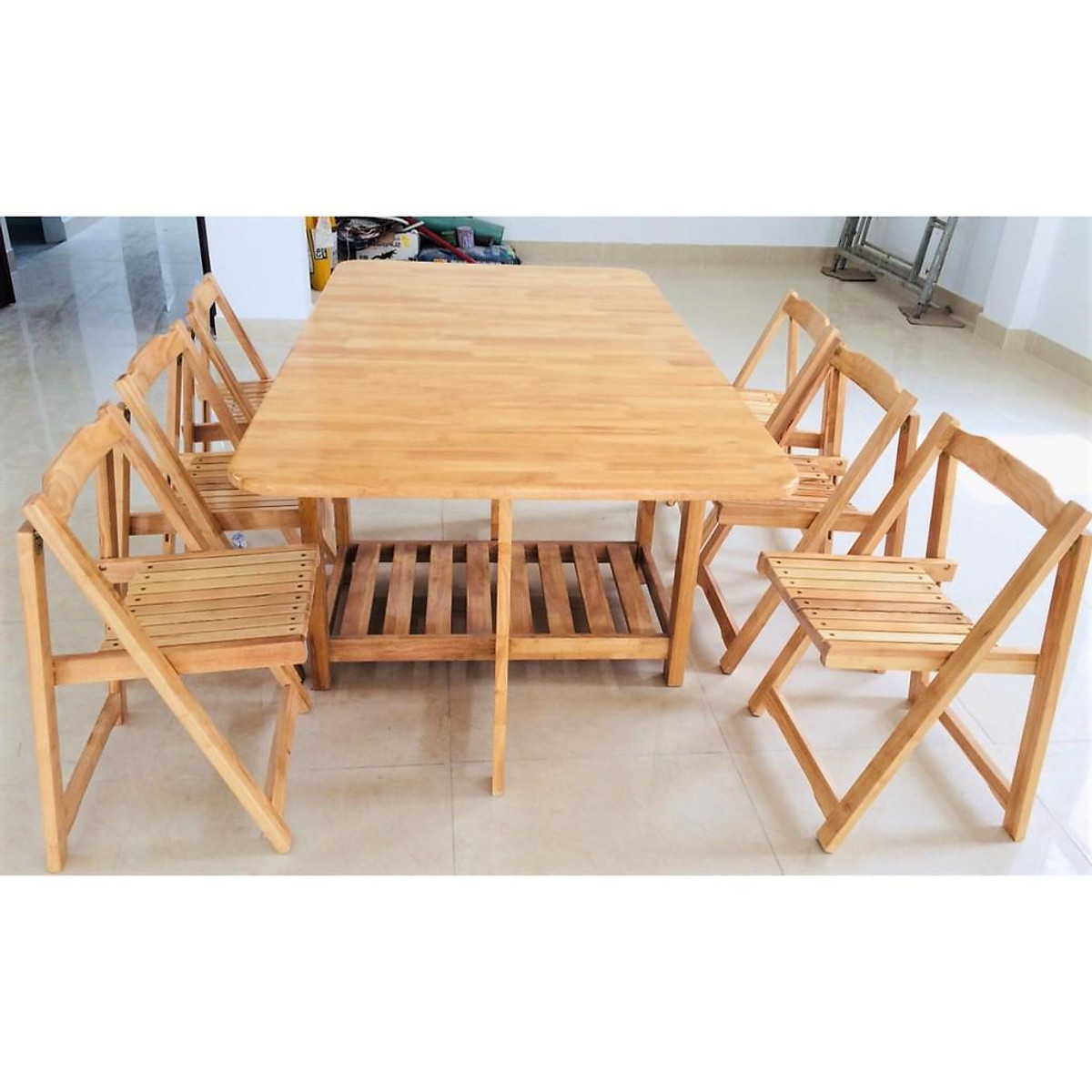 Bộ Bàn Ăn Gỗ Cao Su Xếp Gọn 90 x 1m6 Thông Minh và 6 Ghế Bộ Bàn Ăn Gỗ Cao Su Xếp Gọn 90 X 1M6 Thông Minh Và 6 Ghế