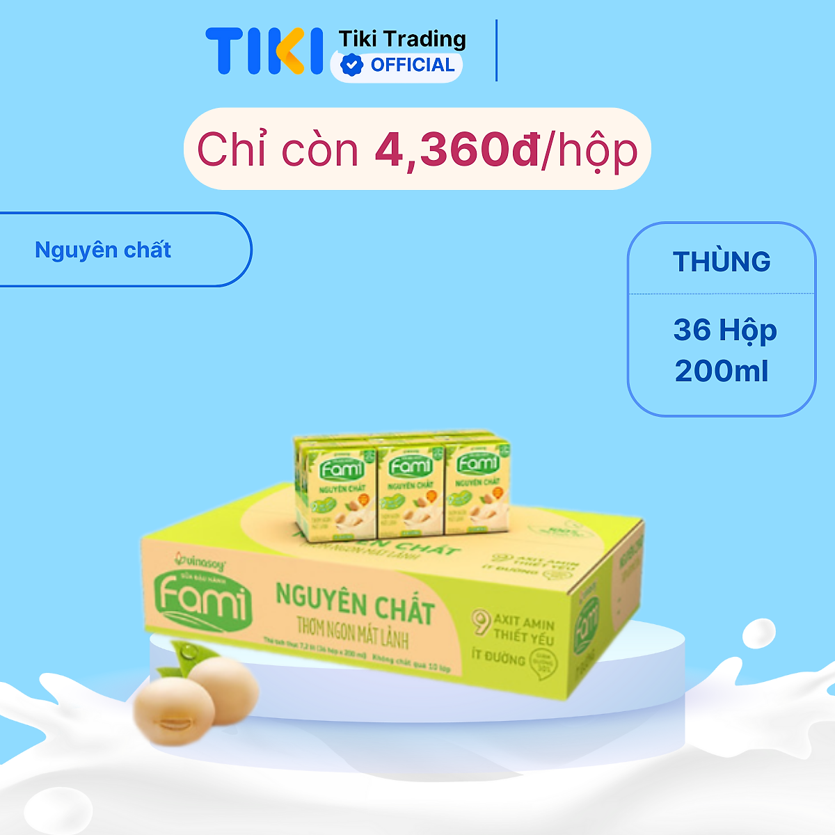 Thùng Sữa đậu nành Fami Nguyên Chất ít đường (200ml x 36 Hộp)