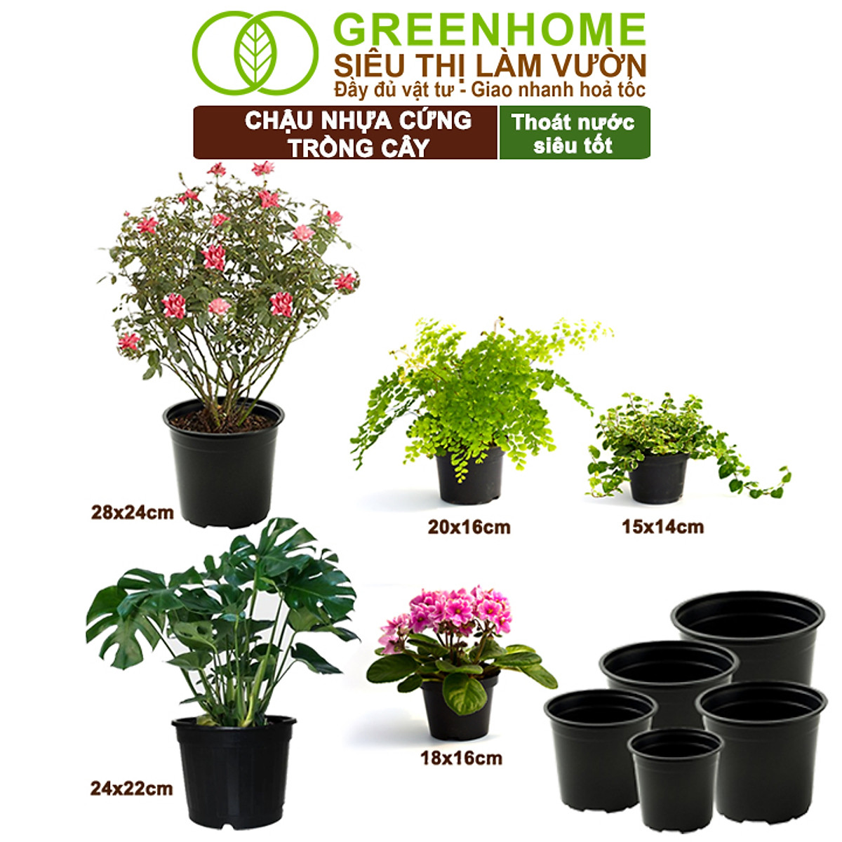 Bộ 3 Chậu nhựa trồng cây, nhiều kích thước, thoát nước tốt, đa dạng kích thước trồng cây, hoa, kiểng lá |Greenhome