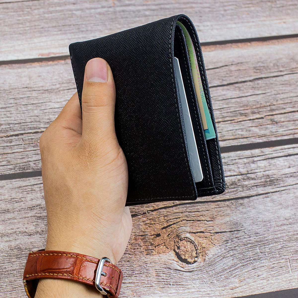 Ví nam, bóp nam da bò Saffiano Bụi Leather V140 - Bảo hành 12 tháng