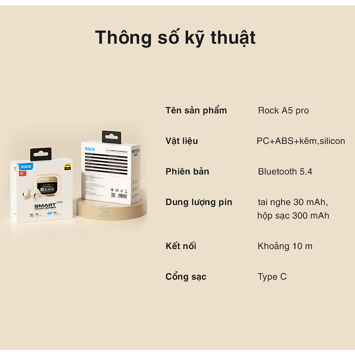Tai nghe bluetooth không dây nhét tai chống ồn chủ động ANC ROCKSPACE A5 Pro TWS có mic hàng chính hãng BH 12 tháng