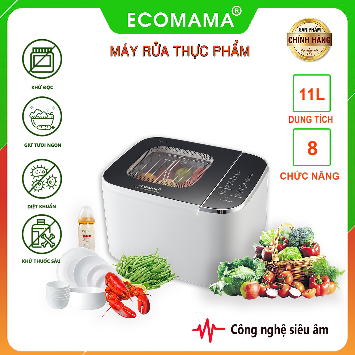 Máy rửa thực phẩm công nghệ 2 trong 1 siêu âm và ozone ECOMAMA chính hãng rửa hoa quả, tiệt trùng bình sữa