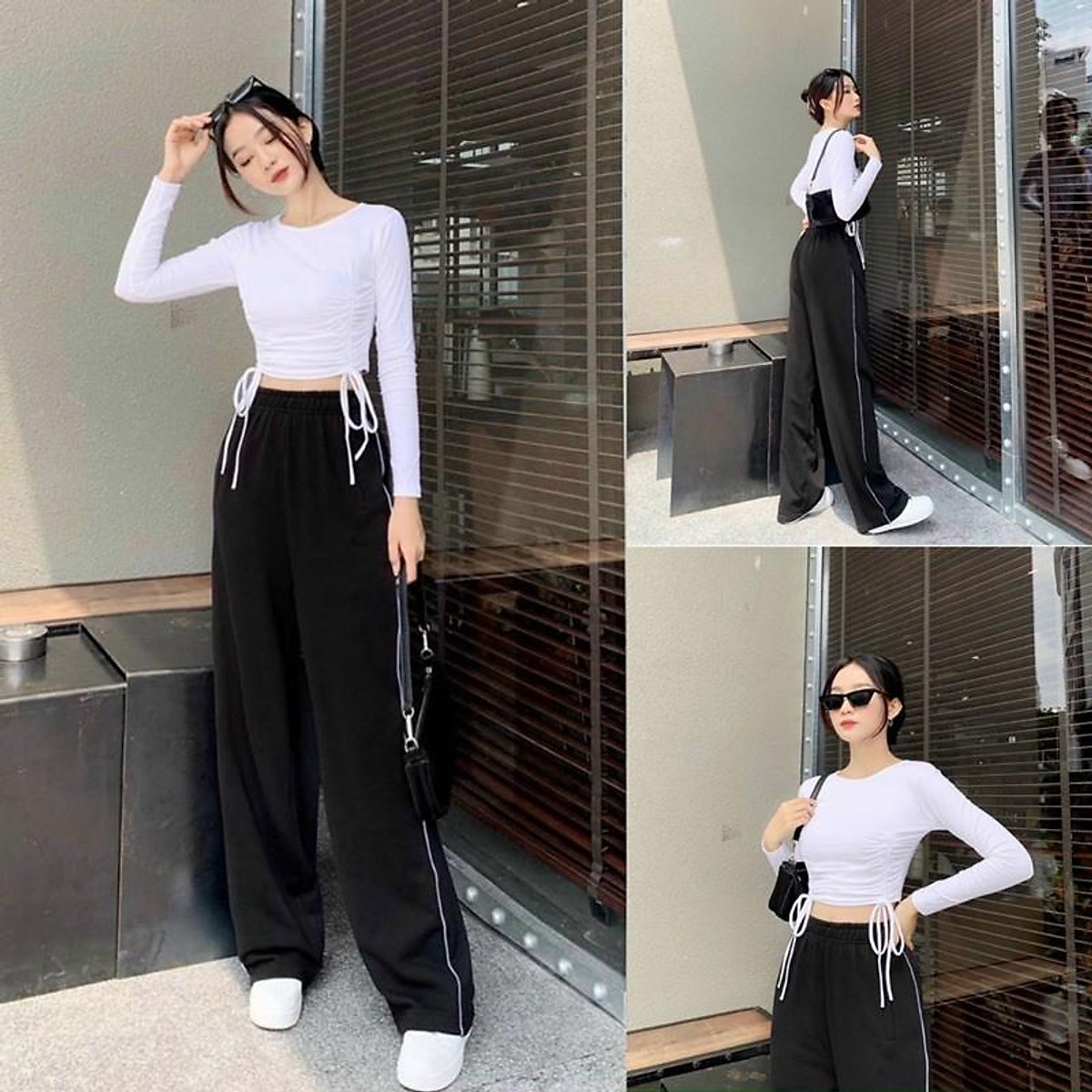 Mua Set Thể Thao Vải Thun Quần Ống Rộng Phối Viền Kèm Áo Croptop Rút Dây  Trắng Sun Fashion | Tiki