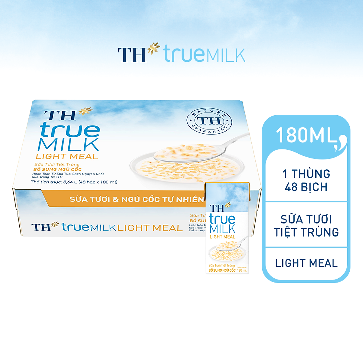 Thùng 48 hộp sữa tươi tiệt trùng bổ sung ngũ cốc TH true MILK LIGHT MEAL 180 ml (180 ml x 48)