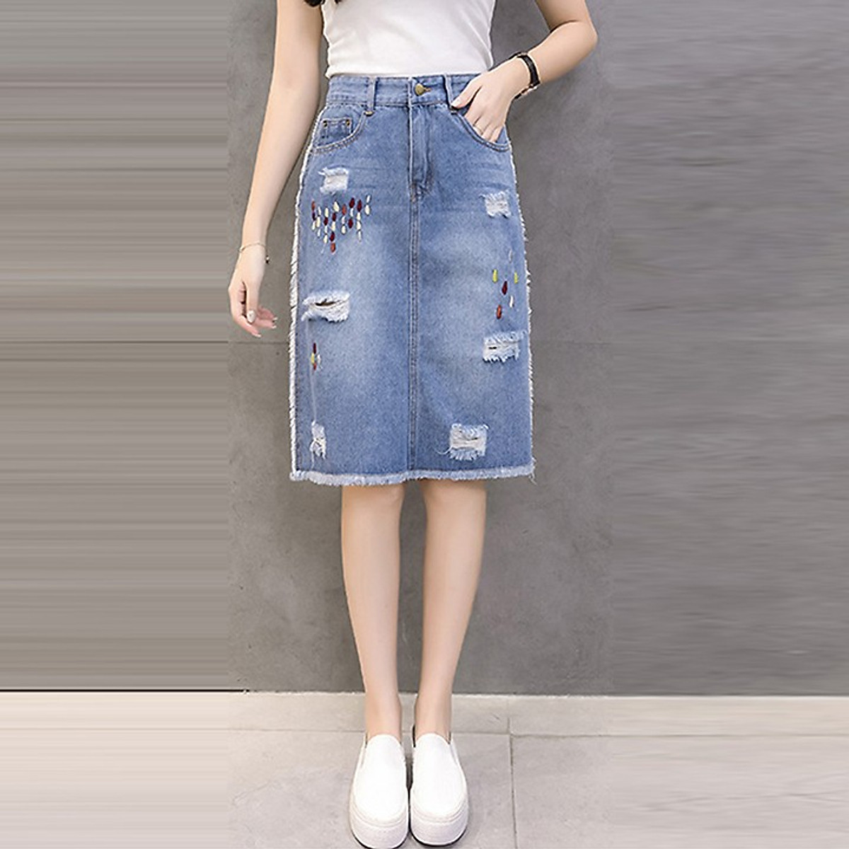 Chân váy jean dài qua gối màu xanh đá phom chữ A nhẹ lưng cao co dãn mạnh  3170 MLJ  Shopee Việt Nam