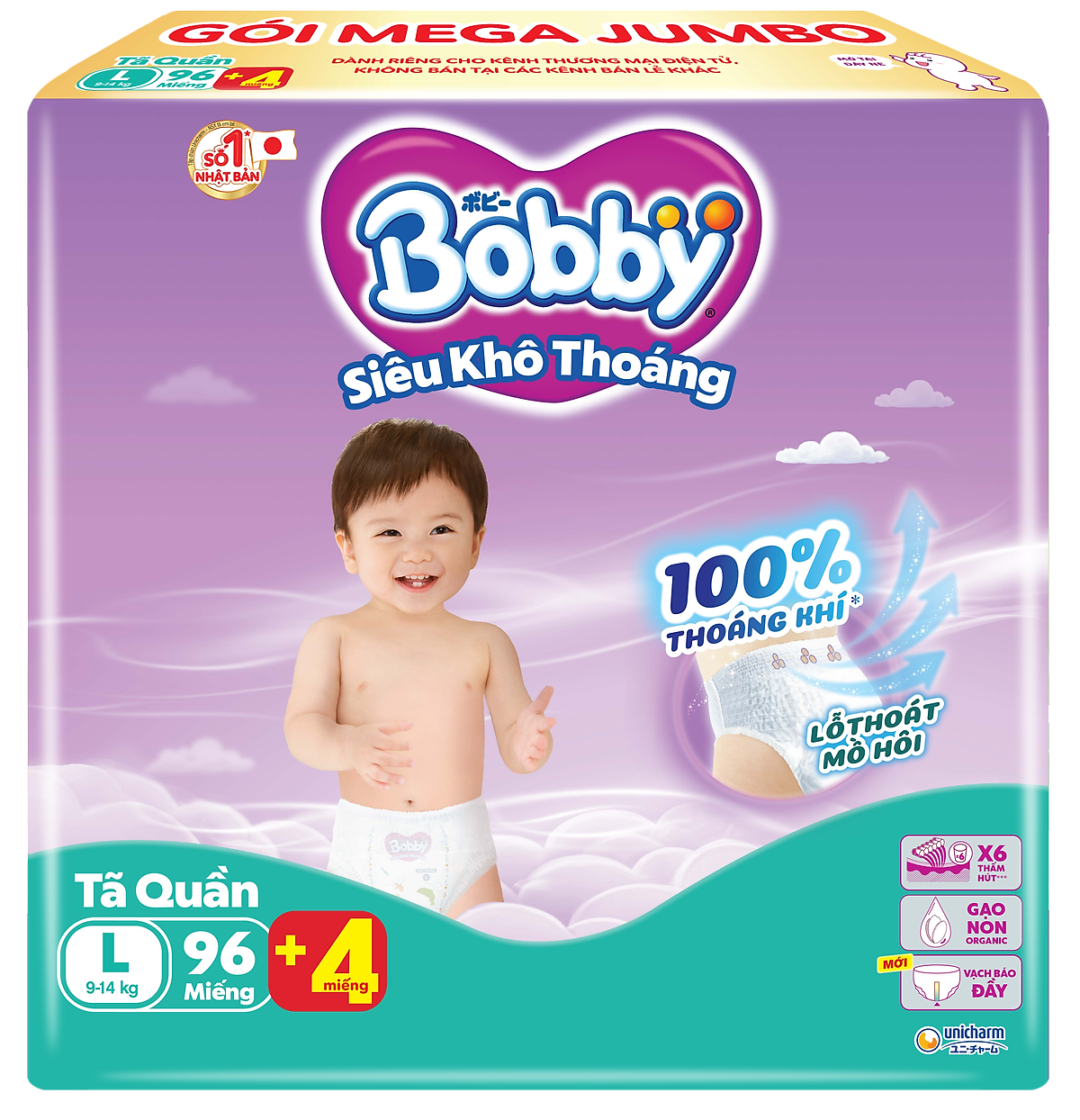 Tã quần Bobby Siêu Khô Thoáng - 100% Thoáng Khí Mega Jumbo - L96