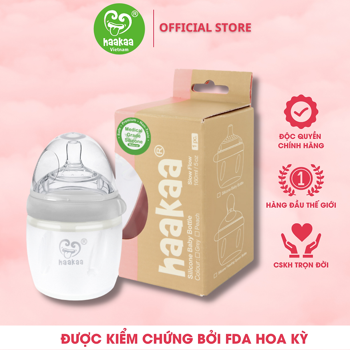 Bình sữa silicone Gen.3 Haakaa. Không chứa BPA, PVC và phthalate. Dễ dàng chuyển đổi cốc hứng sữa, bình trữ sữa, bình thìa ăn dặm