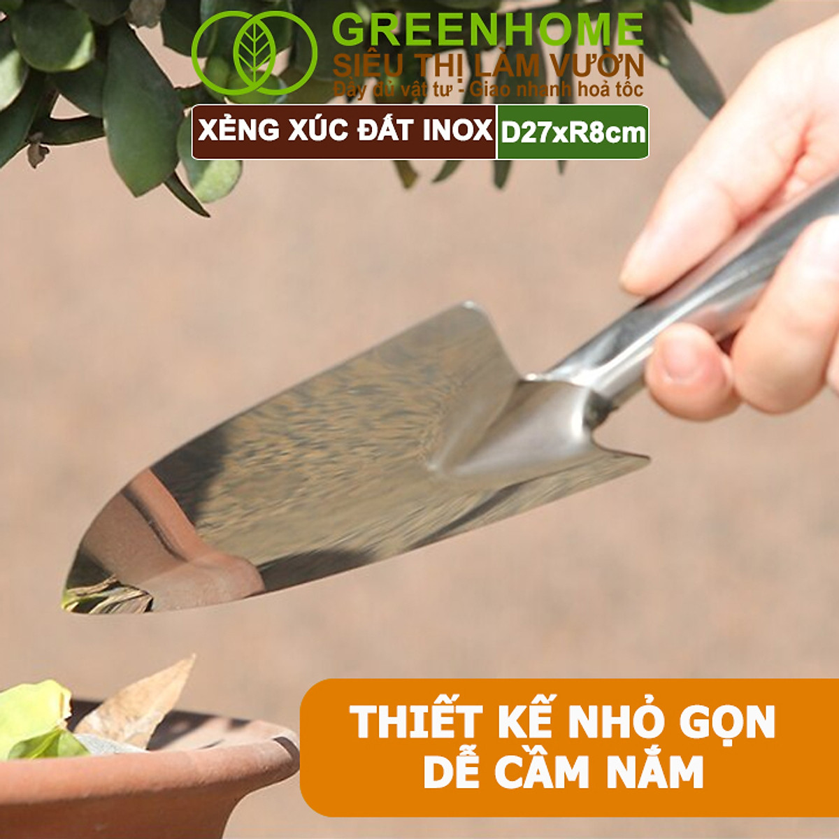 Xẻng Xúc Đất Greenhome, D27xR8cm, Dụng Cụ Làm Vườn, Hợp Kim Chống Rỉ, Siêu Bền, Dễ Vệ Sinh, Tiện Lợi