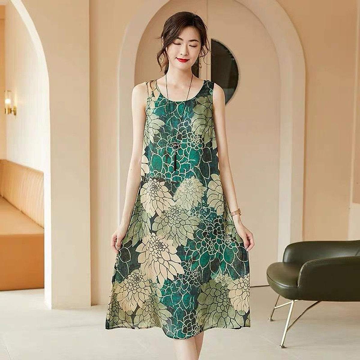 VÁY BA LỖ CỔ U DÁNG XÒE