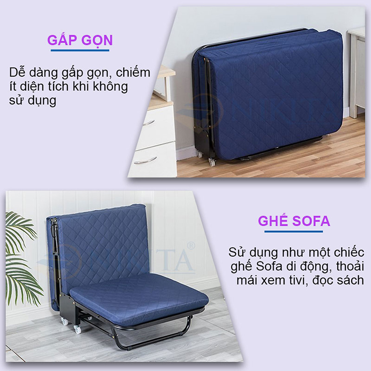 Giường Gấp Gọn 3 Khúc Cao Cấp NIKITA GB365 - Đệm Bọt Biển - Khung Sắt Sơn Tĩnh Điện - Chính Hãng NIKITA