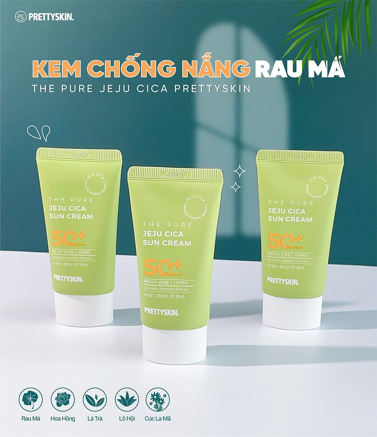 KEM CHỐNG NẮNG RAU MÁ THE PURE JEJU CICA SUN CREAM PRETTYSKIN