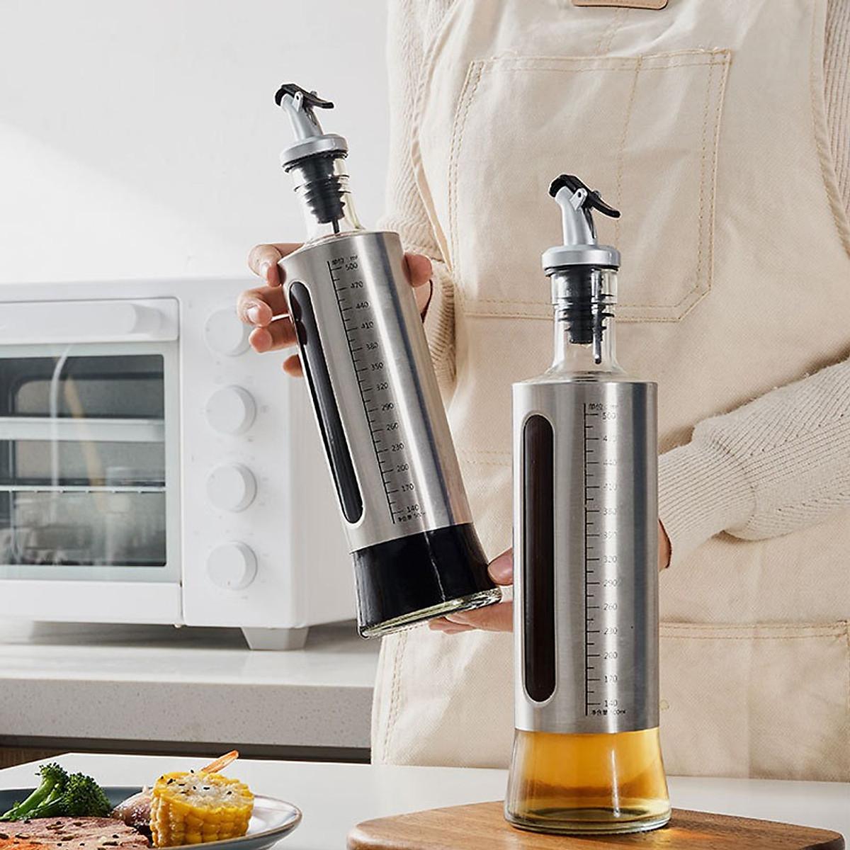 Chai Đựng Dầu Ăn Nước Mắm, Bình Thủy Tinh Bọc Inox Cao Cấp Chai Đựng Gia Vị Thủy Tinh Bọc Inox 304,Bình Rót Dầu Ăn, Nước Tương, Nước Mắm 200/300/500ml