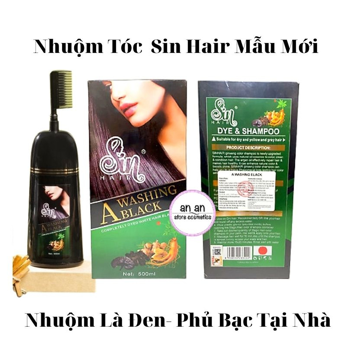 Dầu Gội Nhuộm Tóc Tại Nhà Sin Hair 500ml Mẫu Mới Không Lược - Dầu Gội Nhuộm Tóc Nhân Sâm Nhật Bản Giúp Phủ Bạc Đen Tóc - Nâu Tóc
