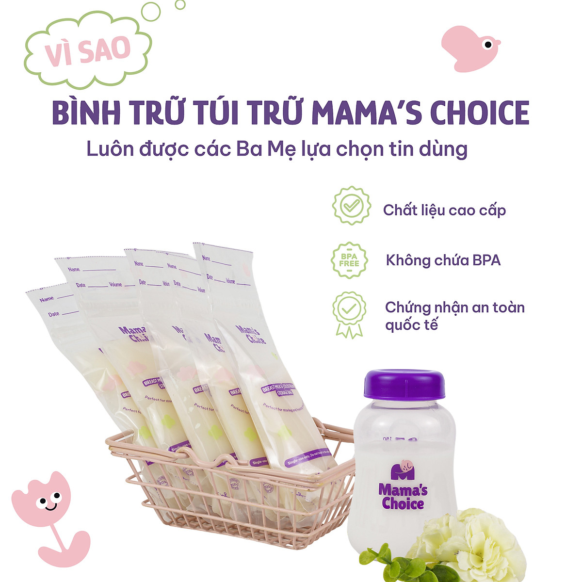 Combo Bình Trữ Sữa và Túi Trữ Sữa Mama’s Choice, Bảo Quản và Trữ Sữa Mẹ, Kiểm Định An Toàn Quốc Tế Bureau Veritas