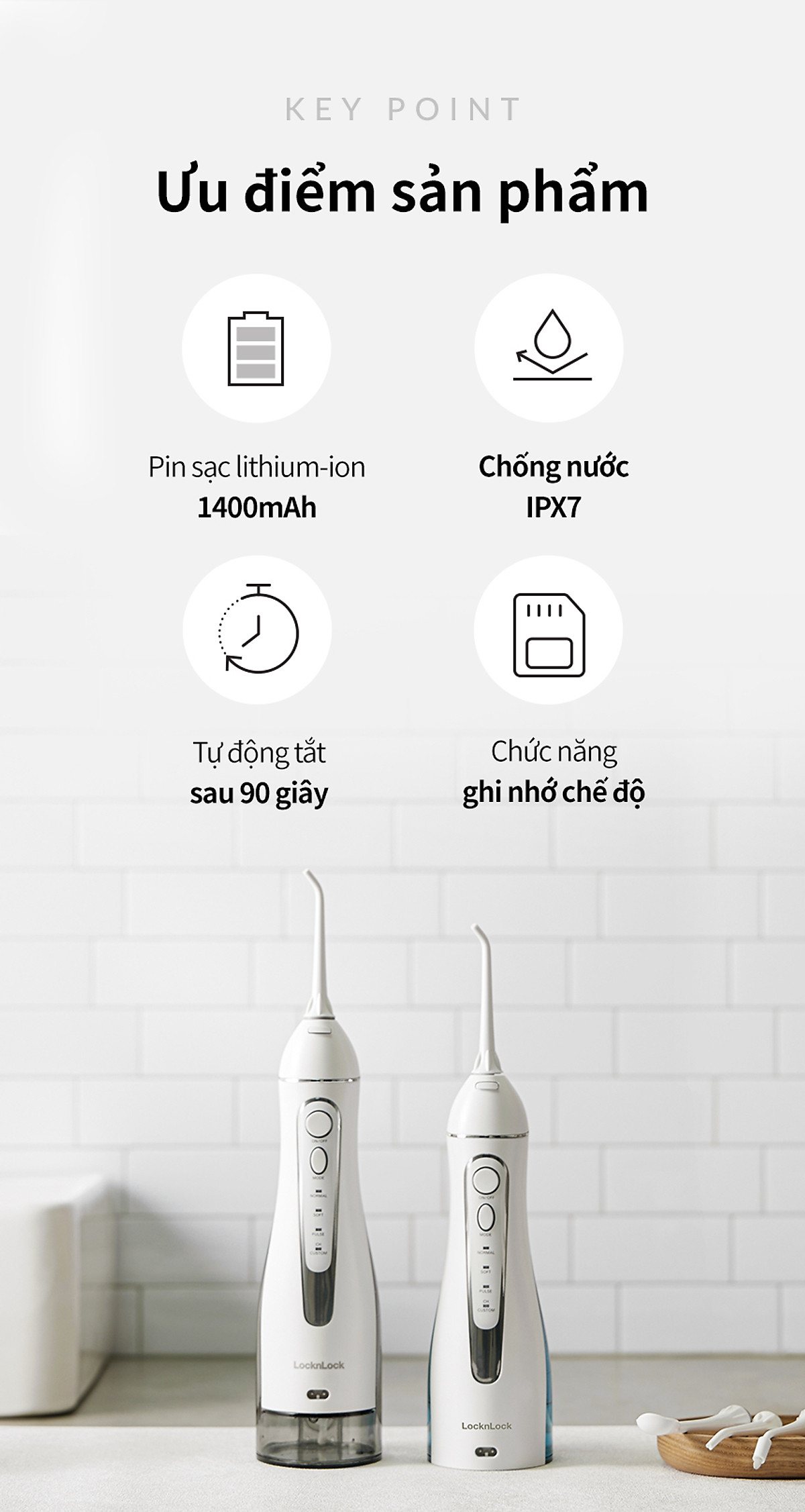 Máy tăm nước không dây LocknLock ENR166GRY - Hàng chính hãng, dung tích 300ml, 4 chế độ vệ sinh, pin xài 20 ngày - JoyMall