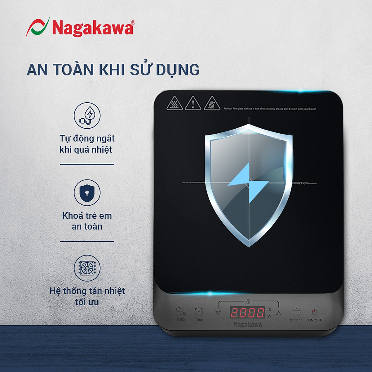 Bếp điện từ đa năng Nagakawa NAG0717 - Kèm nổi lẩu và vỉ nướng chuyên dụng - Hàng chính hãng