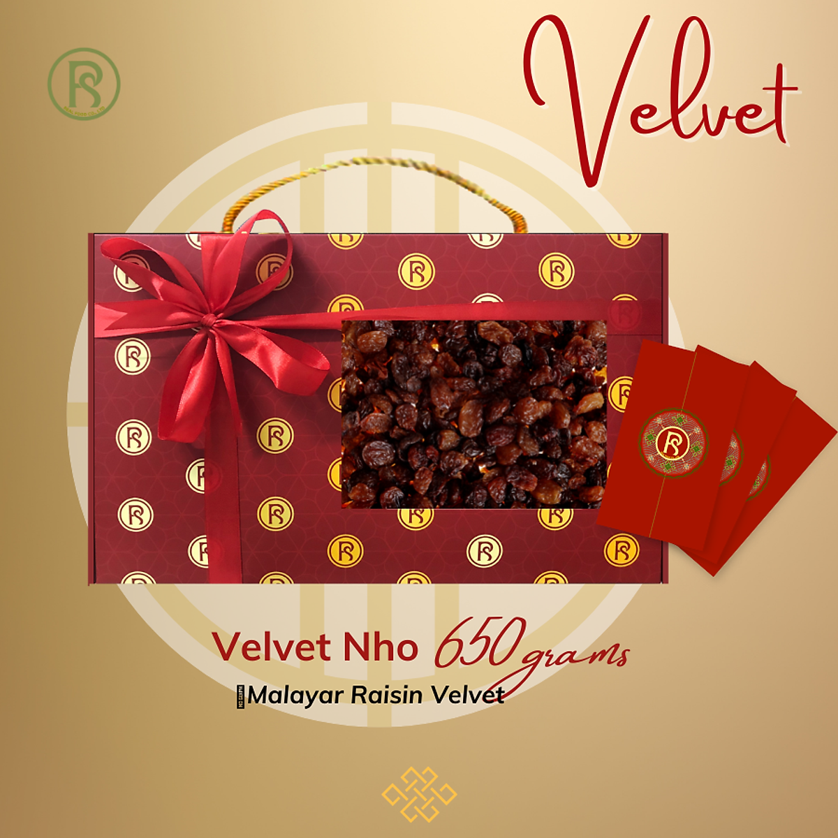 QUÀ TẶNG] Hộp Quà Velvet Nho Khô Nâu Real Food 650G - Hộp Quà Tết