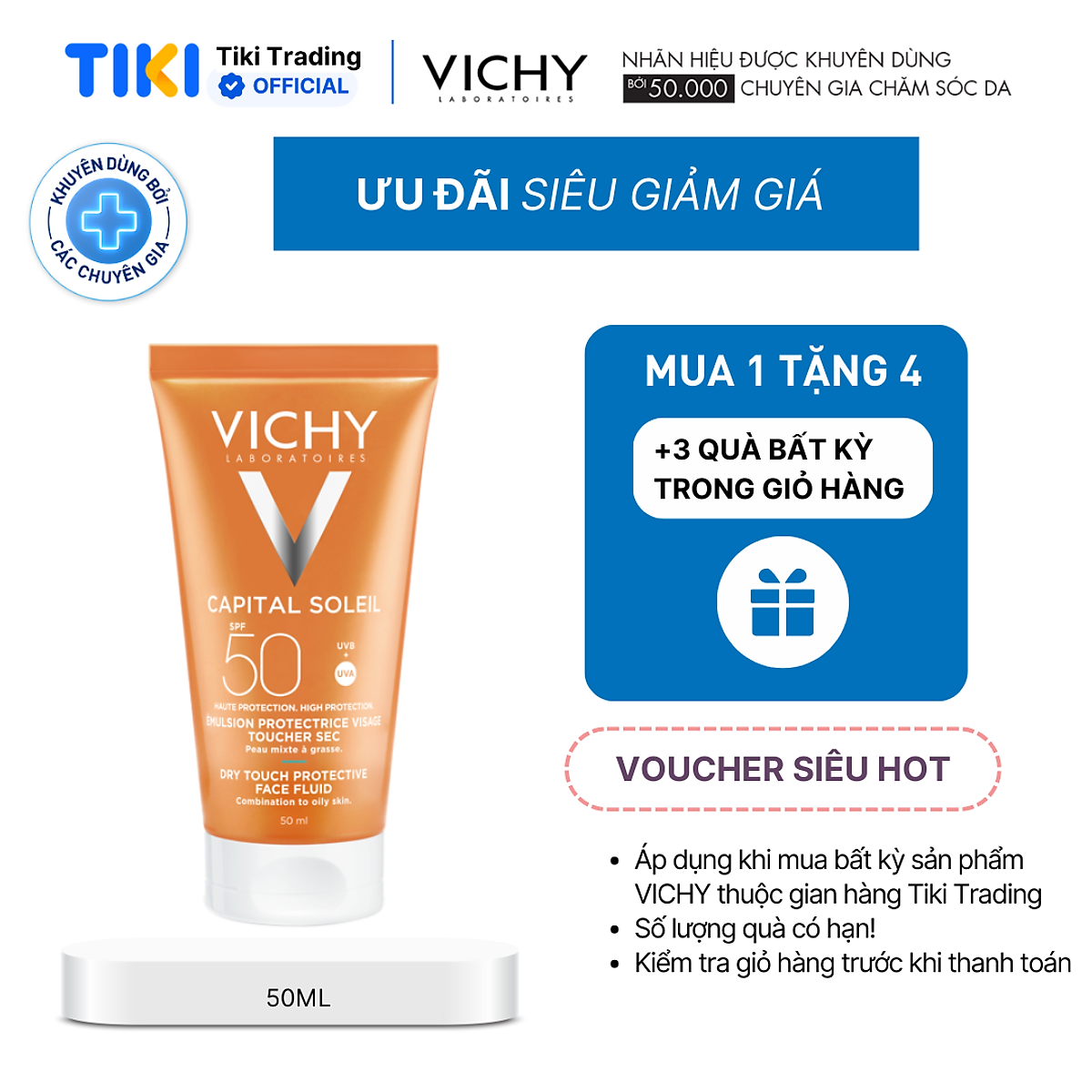 Kem chống nắng SPF 50 UVA+UVB Vichy Capital Soleil Mattifying Dry Touch Face Fluid 50ml