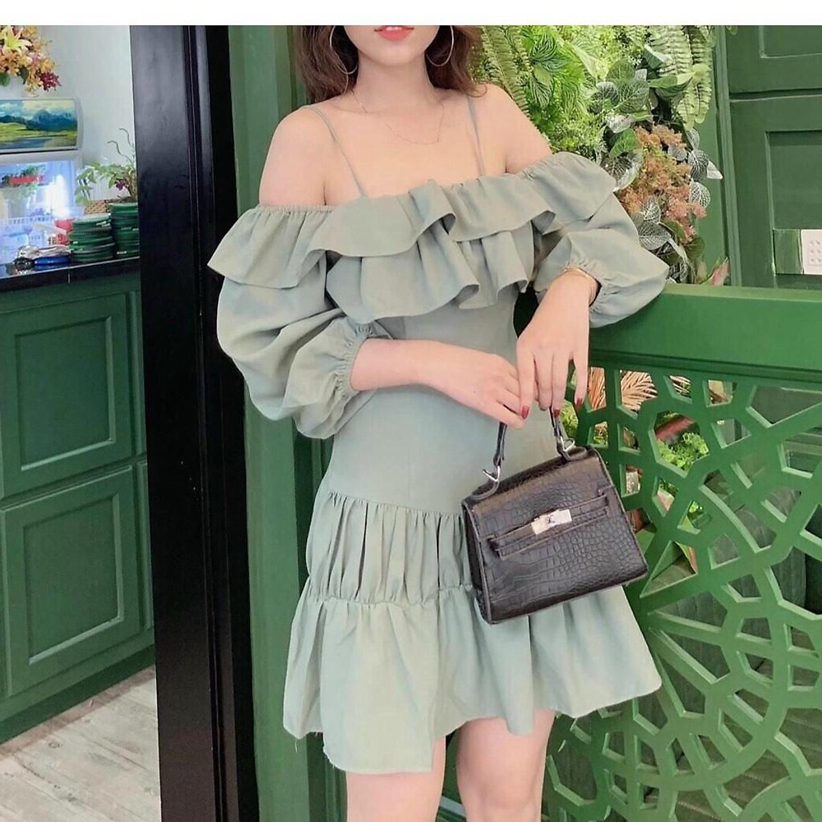 Đầm tiểu thư màu xanh mint dễ thương tay phồng váy babydoll xòe bèo trễ vai  y hình đầm nữ style Hàn Quốc bánh bèo công chúa  Lazadavn