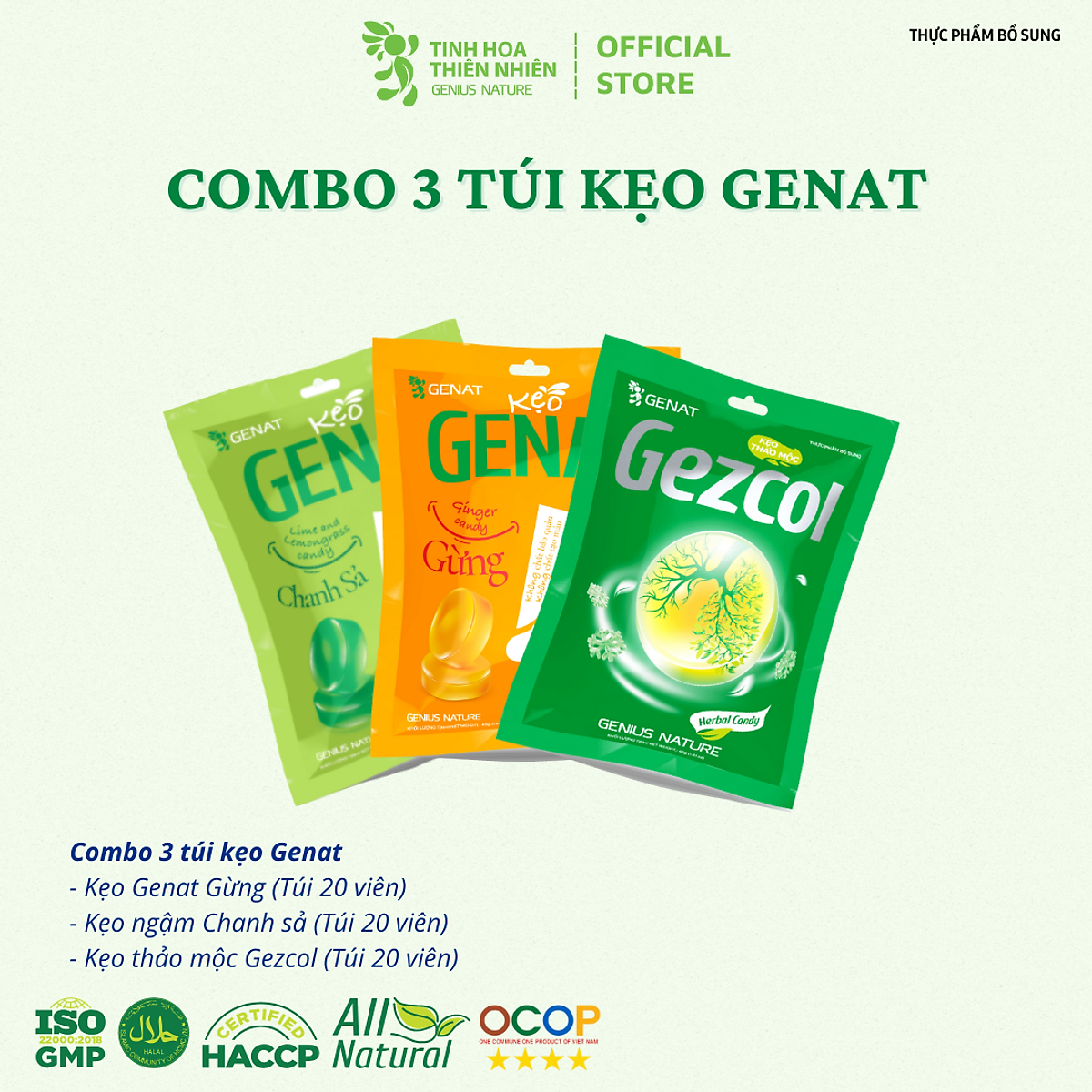 Combo 3 túi 20 viên - Kẹo thảo mộc Gezcol - Genat Chanh Sả - Genat Gừng - Giao 2H HCM