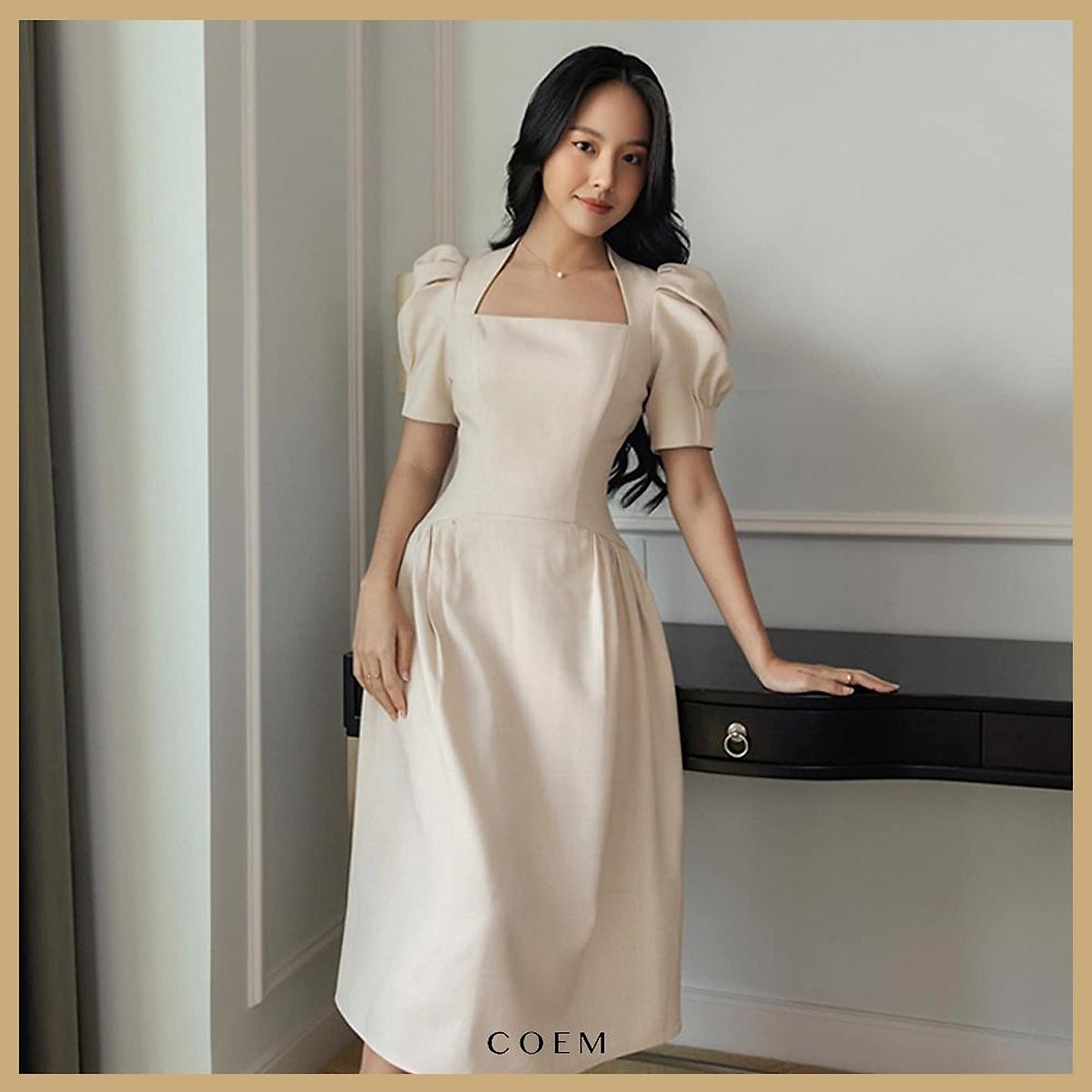 Đầm lụa cao cấp hai dây cổ đổ màu beige sang trọng thanh lịch MIU store #20 Đầm lụa cao cấp hai dây cổ đổ màu beige sang trọng thanh lịch MIU store