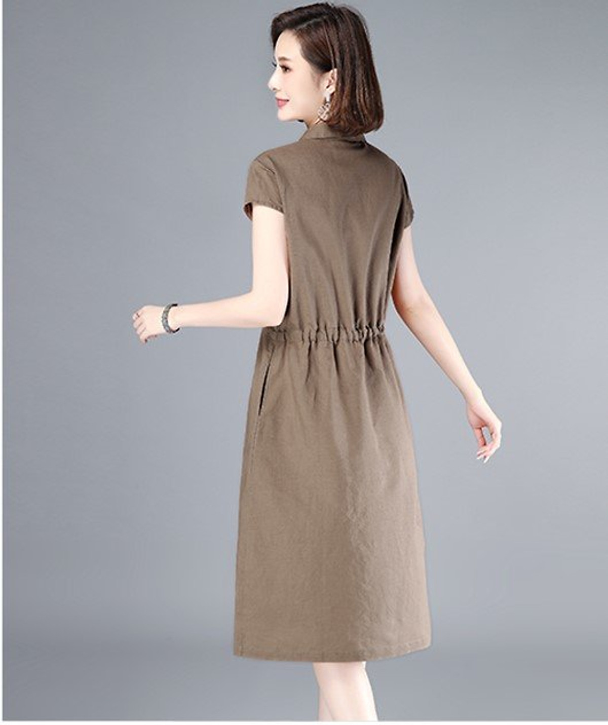 Đầm suông nữ vải đũi mềm mại, thiết kế tay ngắn rút eo, 2 túi sườn,