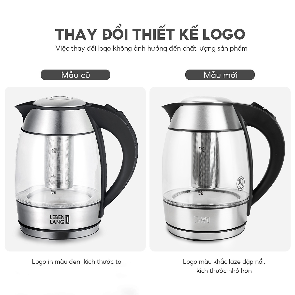 Ấm siêu tốc thuỷ tinh Lebenlang LBE2819, dung tích 1800ml, bảo hành 2 năm - hàng chính hãng