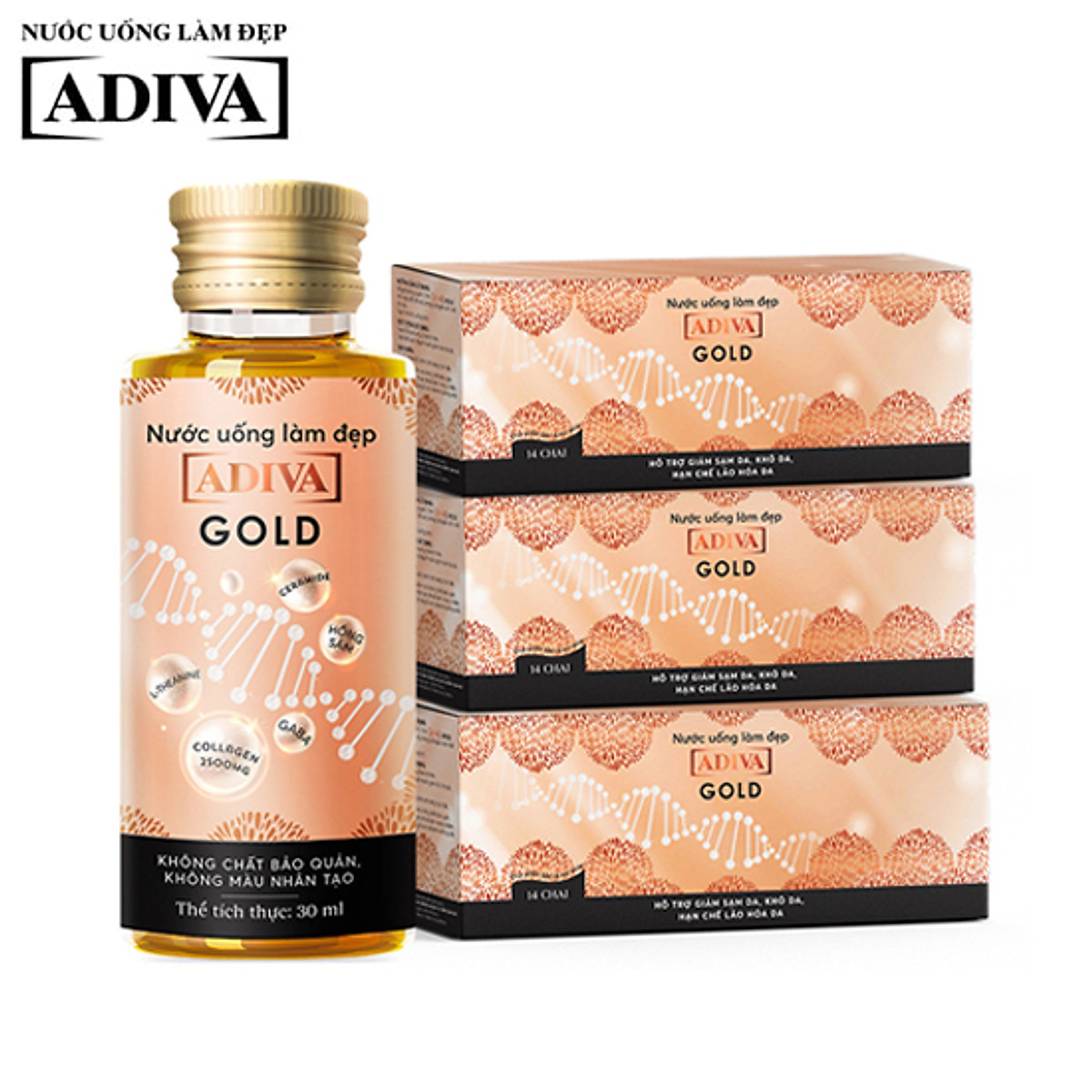 Combo 3 Hộp Gold Adiva Collagen (14 lọ/hộp) - Làm giảm nếp nhăn, ngăn ngừa lão hóa