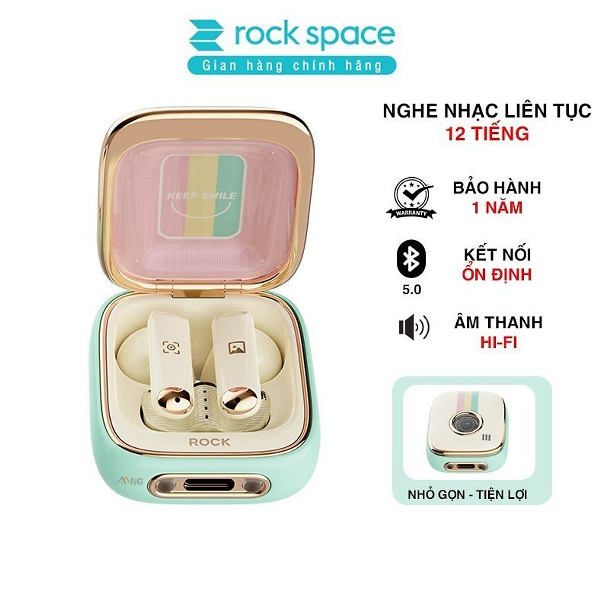 Tai nghe không dây Rock Retro Style True Wireless Stereo Bluetooth Rockspace nghe nhạc liên tục 12h Hàng chính hãng