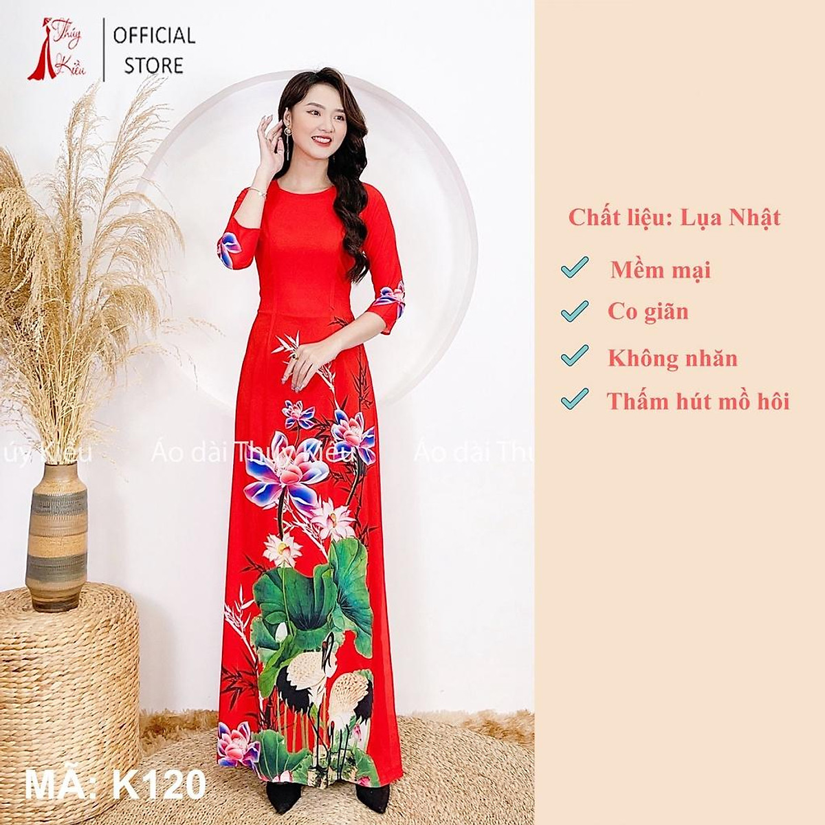 Áo dài nữ may sẵn thiết kế đẹp cách tân tết nền đỏ sen hạc cành