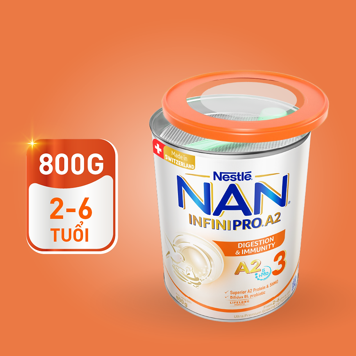Bộ 2 Lon Sữa bột NAN INFINIPRO A2 800g Thụy Sĩ 3 với đạm quý A2 tiêu hóa tốt sau 7 ngày và 5HMO tăng cường đề kháng (2 - 6 tuổi)