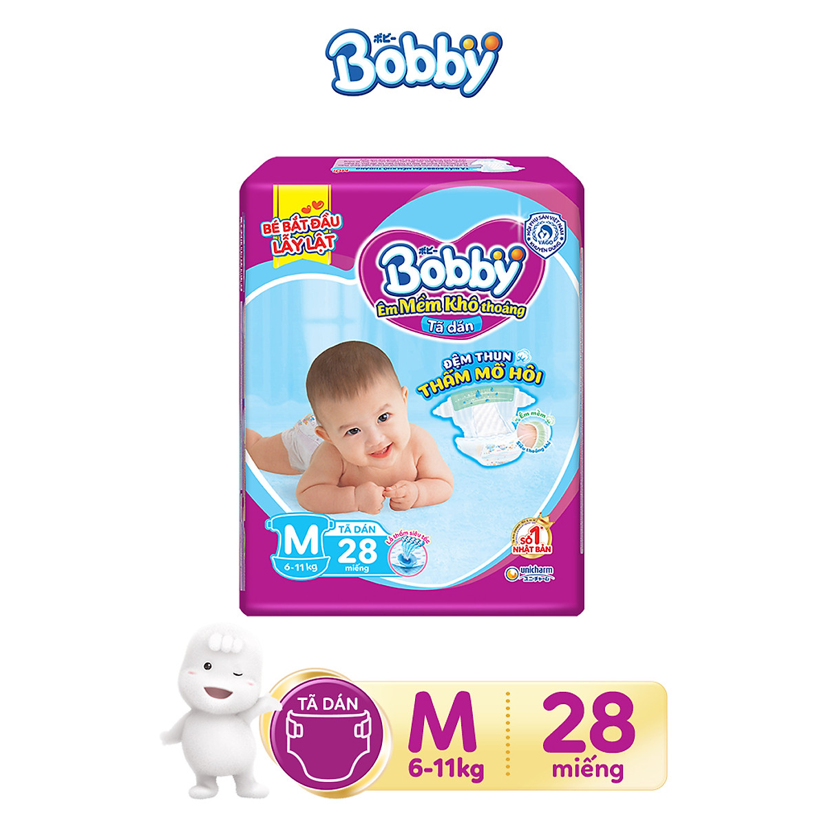 Tã dán Bobby đệm lưng thấm mồ hôi siêu thấm khô thoáng size M