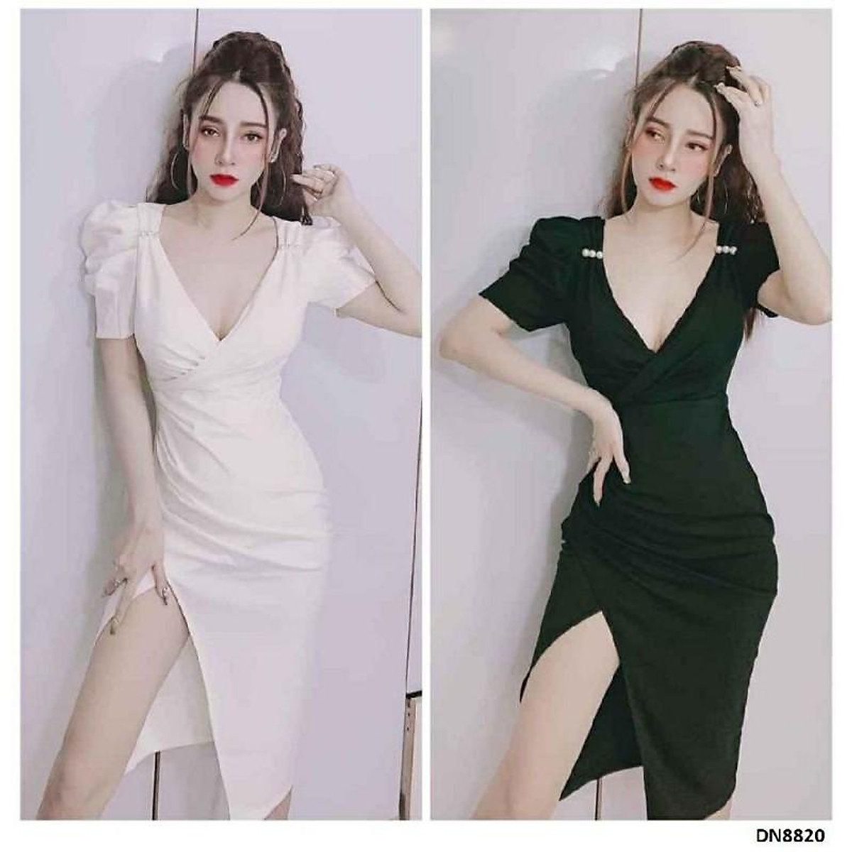 Đầm body tay nhí phồng đắp chéo sexy