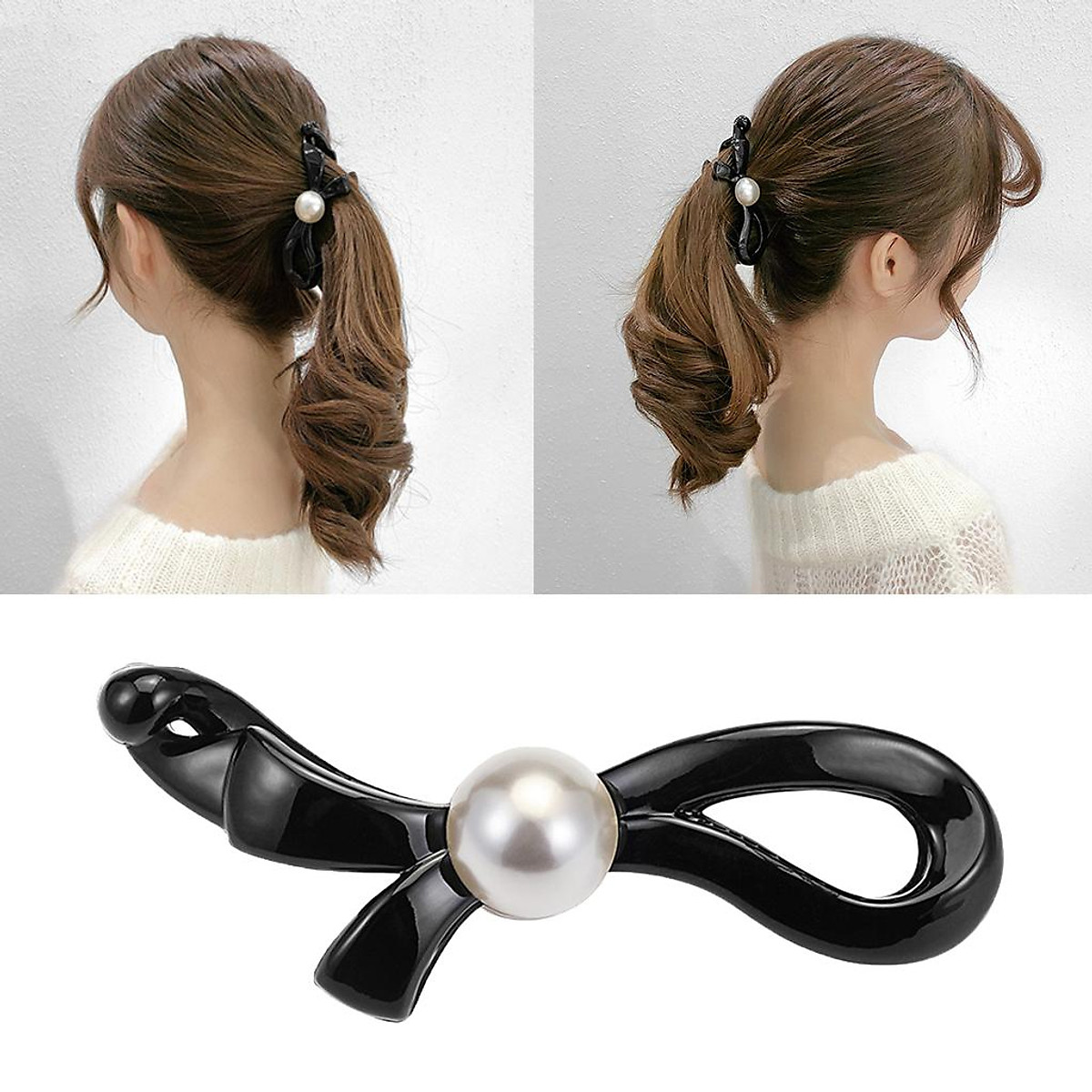 2xBlack White Pearl Bow Banana Hair Clips Diamond Ponytail Holder Hair Clip 2xBlack White Pearl Bow Banana Hair Clips Diamond Ponytail Holder Hair Clip