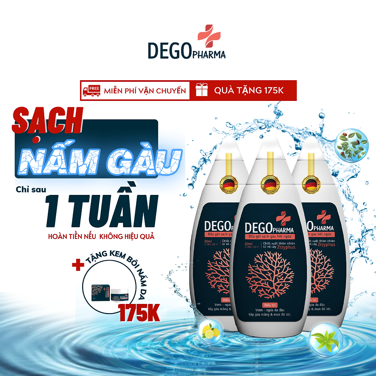 Combo 03 dầu gội sạch gàu hết ngứa Dego Pharma chiết xuất hoàn toàn từ thiên nhiên an toàn với người sử dụng có dung tích 80ml