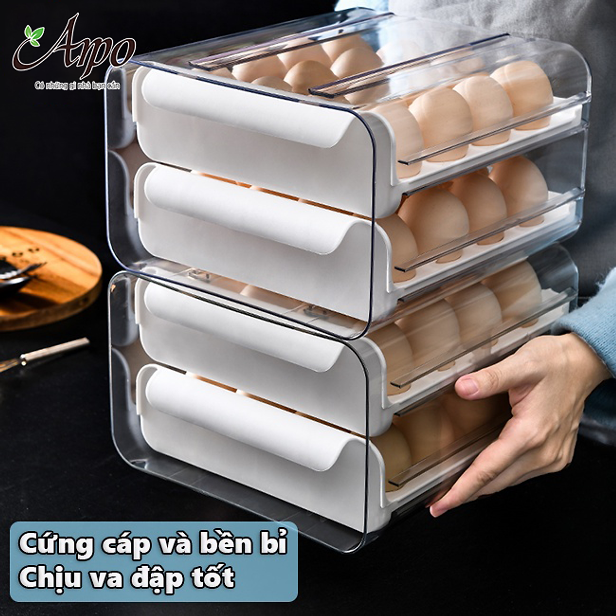 Hộp Đựng Trứng Hai Tầng 32 Ô Tiện Dụng Tích Hợp Khay Trượt Đựng Trứng gà Phong Cách Nhật Bản