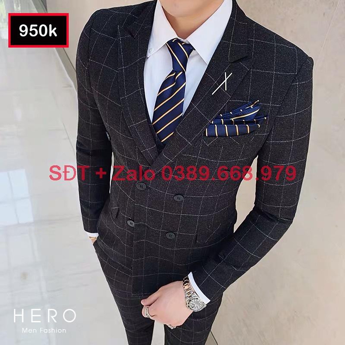 Bộ vest nam màu chì xám họa tiết cao cấp cavino