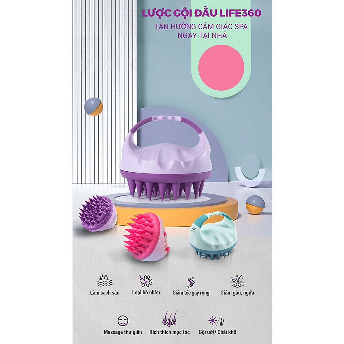 Lược gội đầu silicone Life360 LE-LGD22 - Massage da đầu, giảm ngứa, giảm gàu tăng cường tuần hoàn máu giảm gãy rụng tóc