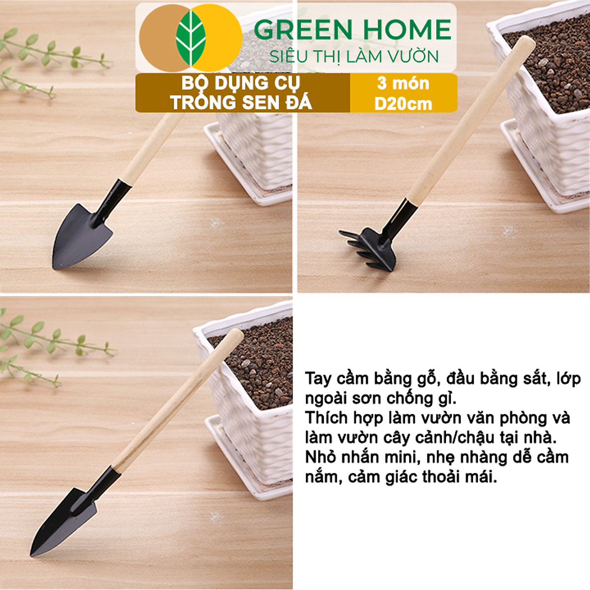 Dụng Cụ Làm Vườn Greenhome, 3 Món Gồm Xẻng Xúc Đất, Cào , Mini, Cán Gỗ, Tiện Lợi, Dễ Sử Dụng, Trồng Sen Đá, Tiểu Cảnh
