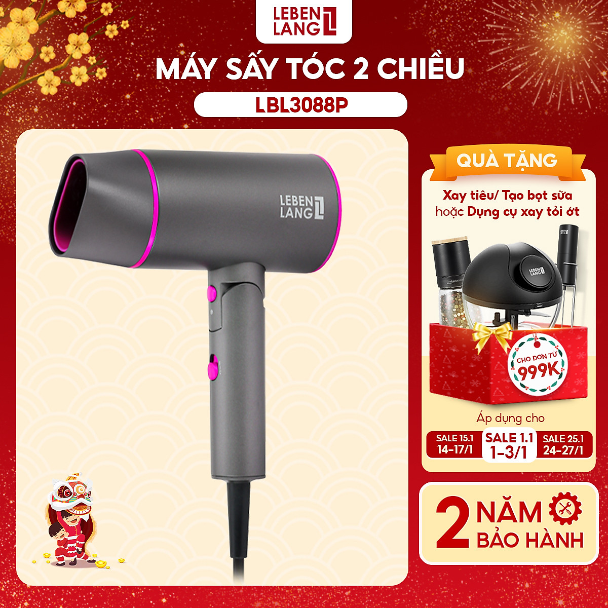 Máy sấy tóc Lebenlang LBH3088 (2100W) của Đức, kiểu gấp gọn, chống xơ rối tóc - hàng chính hãng