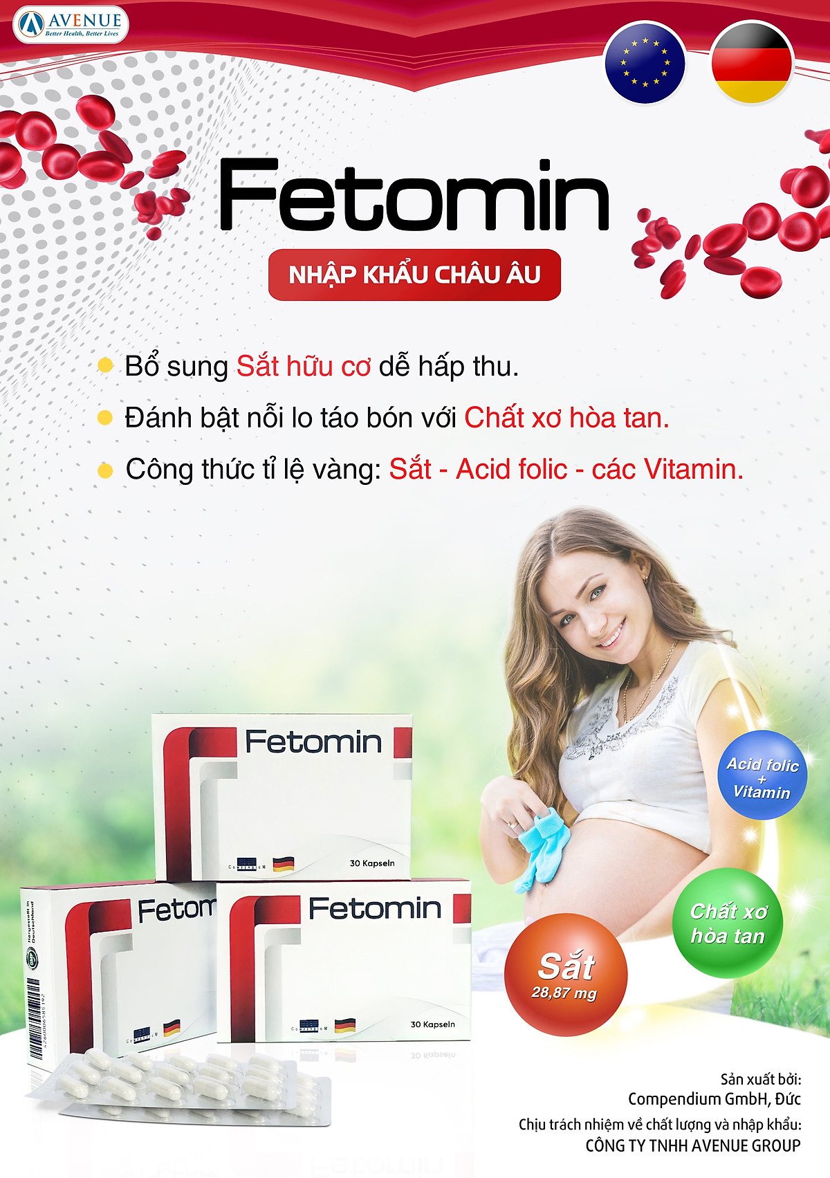 Fetomin - Sắt hữu cơ Đức kèm Chất xơ cho mẹ bầu, người thiếu sắt