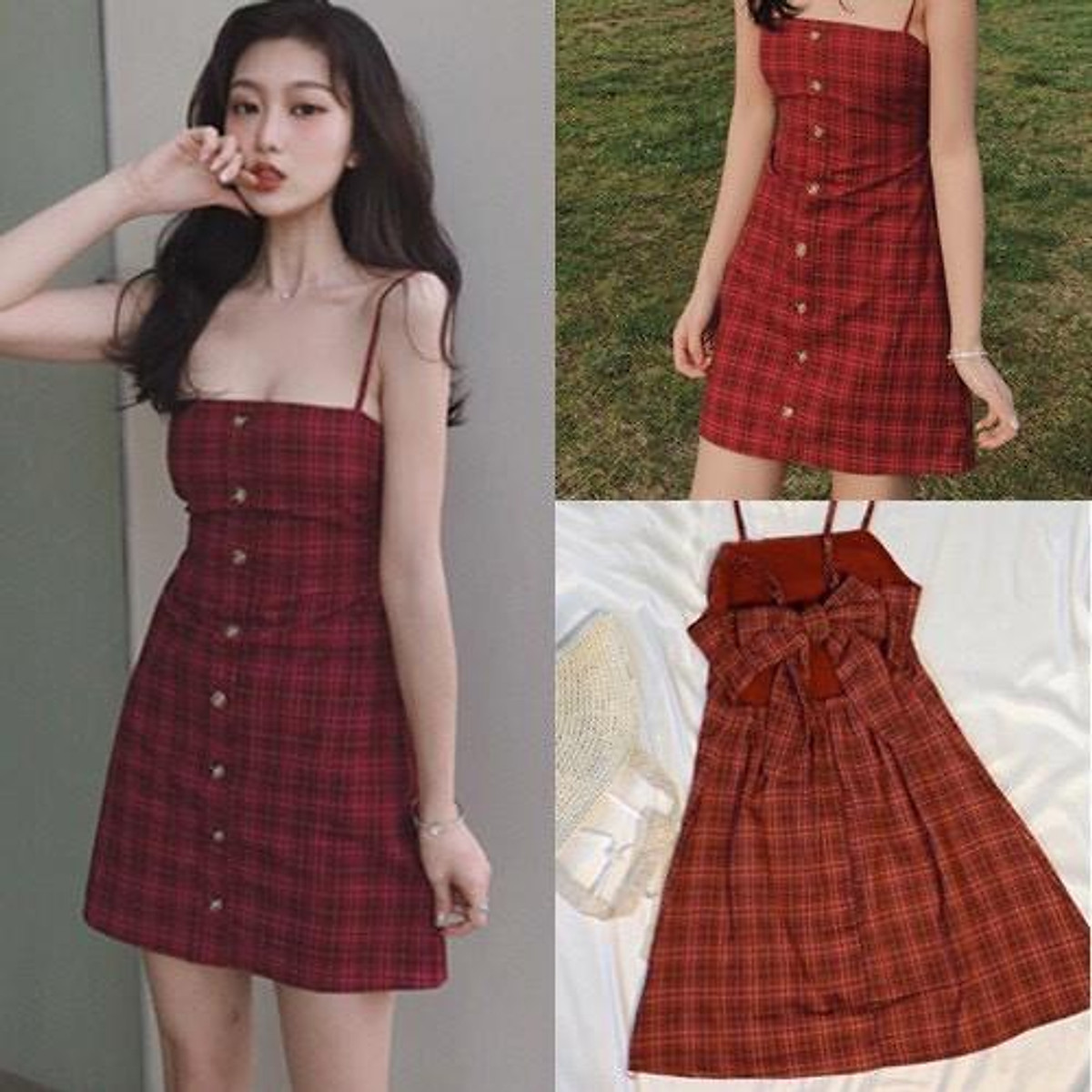 Váy nữ hai dây kẻ caro đỏ viền nâu kiểu dáng hàn quốc đầm maxi Dresses đi  biển kẻ caro cực xinh và dễ thương đầm nữ tiểu thư 1989  MixASale
