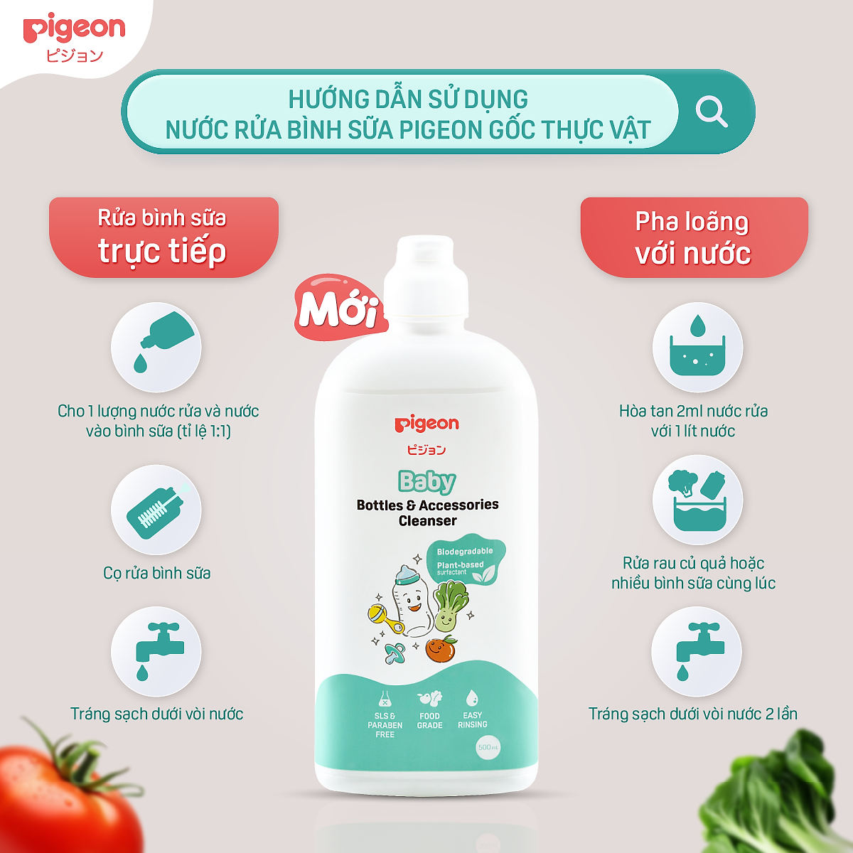 Nước Rửa Bình Sữa Và Phụ Kiện Pigeon Gốc Thực Vật 500ml/450ml