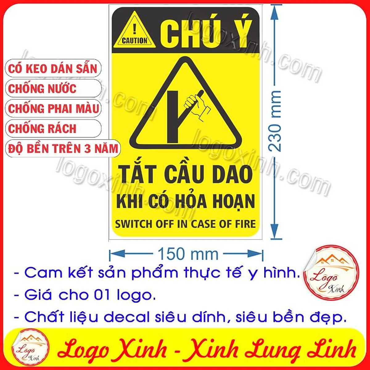 Logo Tem Sticker Biển Cảnh Báo Tắt Cầu Dao Điện Khi Có Hỏa Hoạn Xảy Ra -