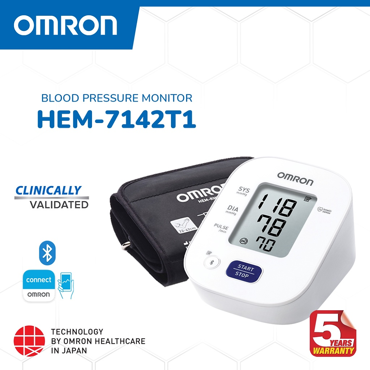 Máy Đo Huyết Áp Điện Tử Omron HEM-7142T2 (Mẫu Cũ 7142T1) Tự Động Phát Hiện Nhịp Tim Không Đều, Bộ Nhớ Lưu Trữ 14 Kết Quả Đo, Có Kết Nối Bluetooth