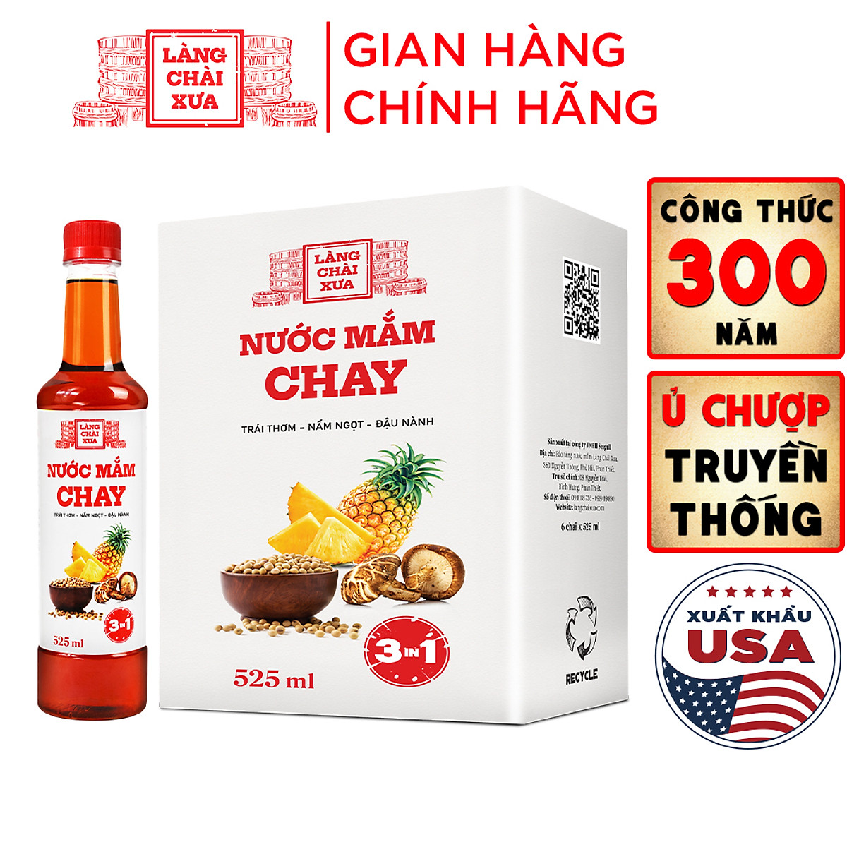 Đặc Sản Phan Thiết - Nước Mắm Chay 3 Trong 1 Làng Chài Xưa (01 Chai) 525Ml Trái Thơm Nấm Ngọt Đậu Nành 300 Năm Truyền Thống