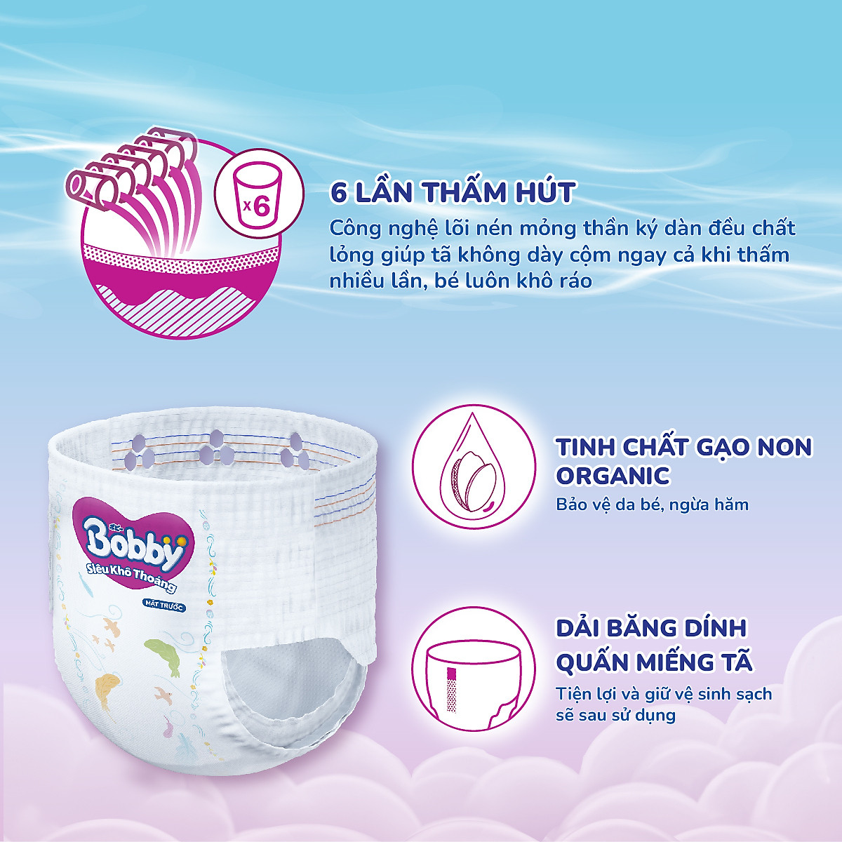 Tã quần Bobby Siêu Khô Thoáng - 100% Thoáng Khí Mega Jumbo